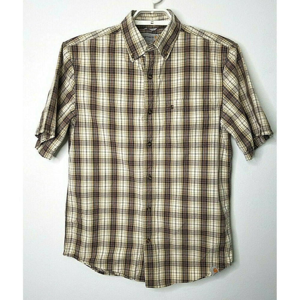 Carhartt Mens Shirt Medium S/S Tan Brown Plaid Relaxed Fit Collared Button Down